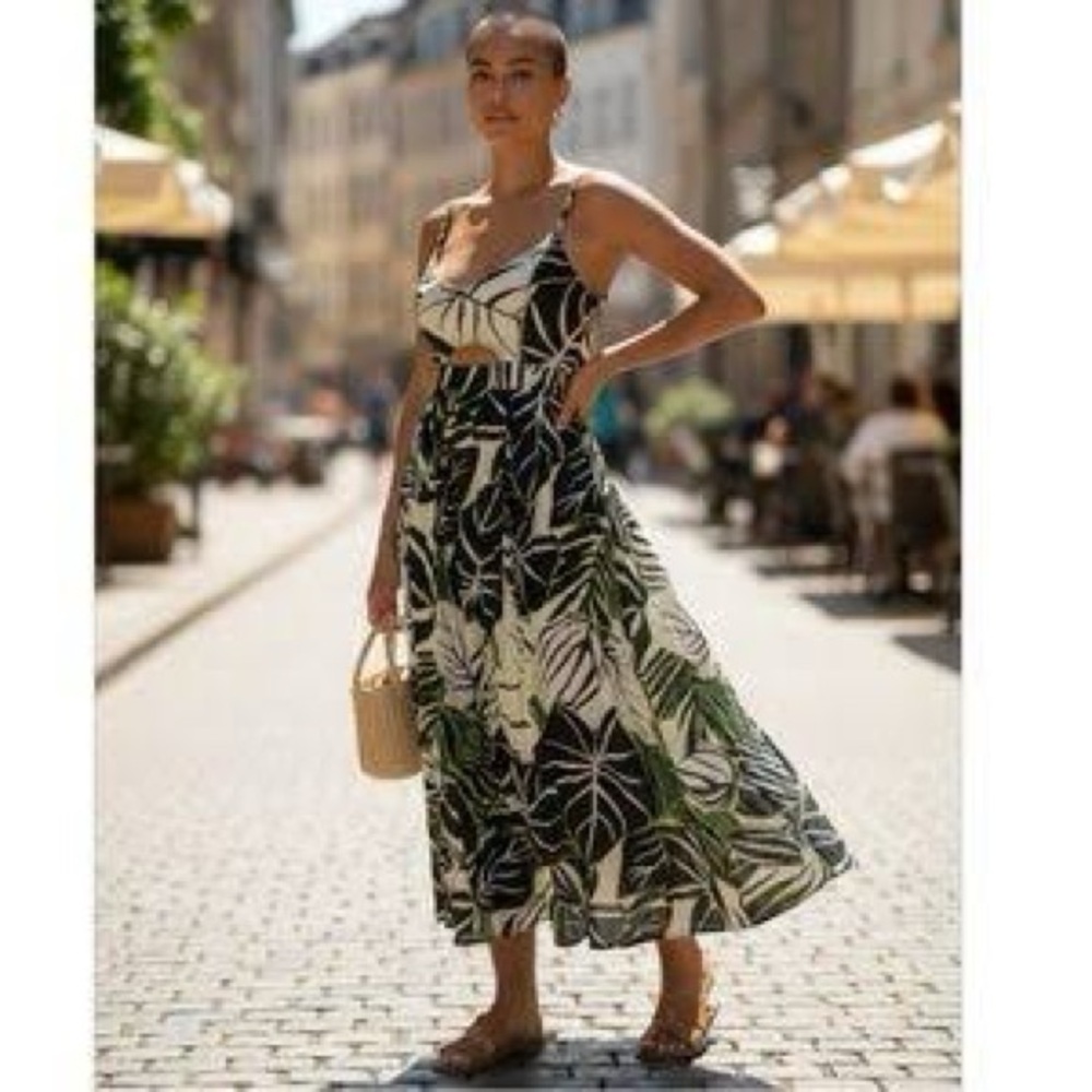 Joie Black and Green Leaf Print Maxi Dress